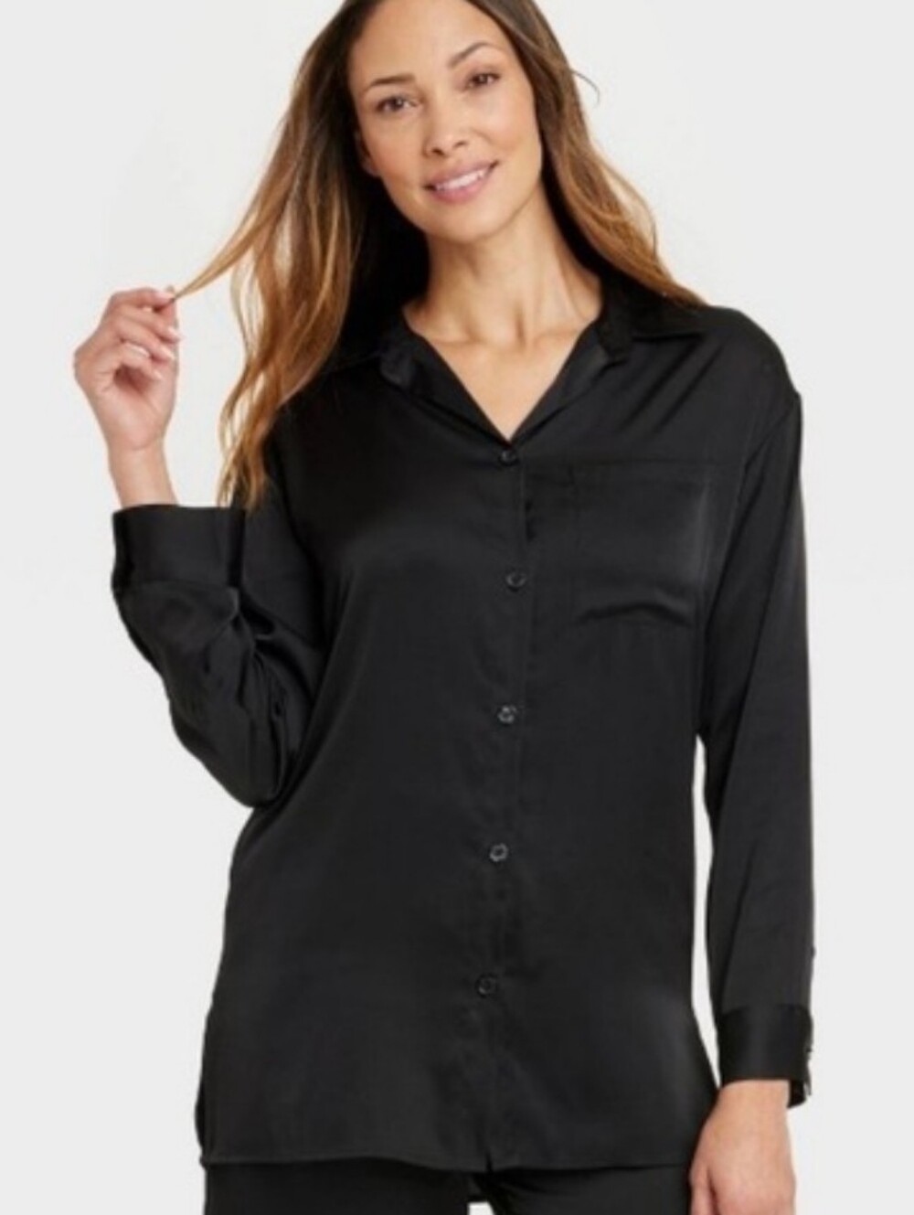 Stars Above Black Long Sleeve Satin Button Down Pajama Shirt Small New